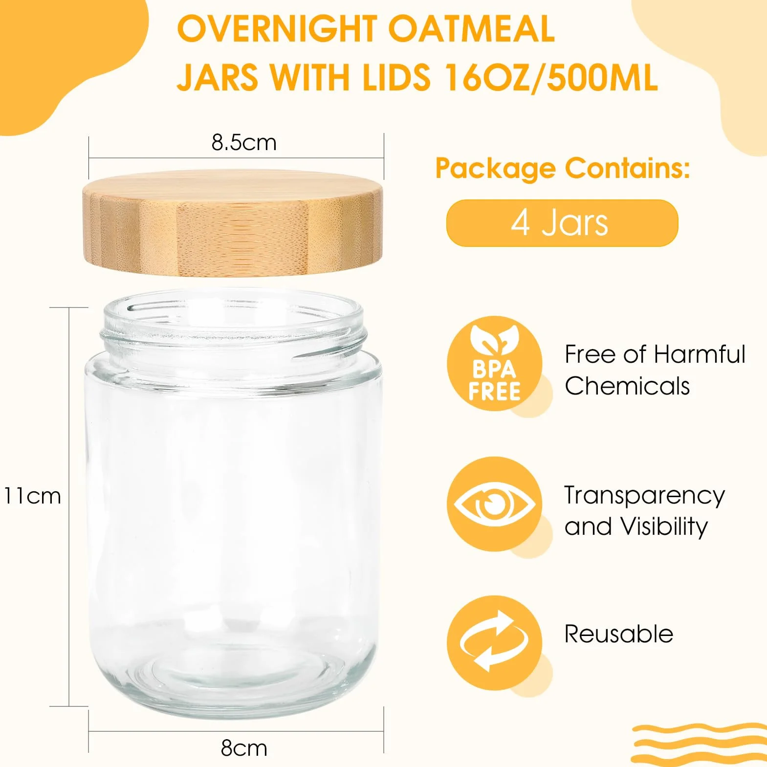 4 Tarros de Comida Preparada 500ml Tarros de Avena con Tapa, 16oz Tarros de Cristal con Tapa de Rosca, Bote Cristal Hermetico para Yogur,Batido,Avena,Mermelada,Especias,Preparación de Comidas
