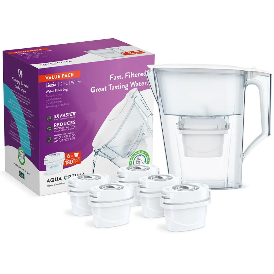 Aqua Optima Jarra Filtrante Liscia (2.5L, Blanca) + 6 Filtros Evolve+ - Apta para Frigorífico y Lavavajillas, Fácil de Llenar. Reduce Cal, Cloro e Impurezas