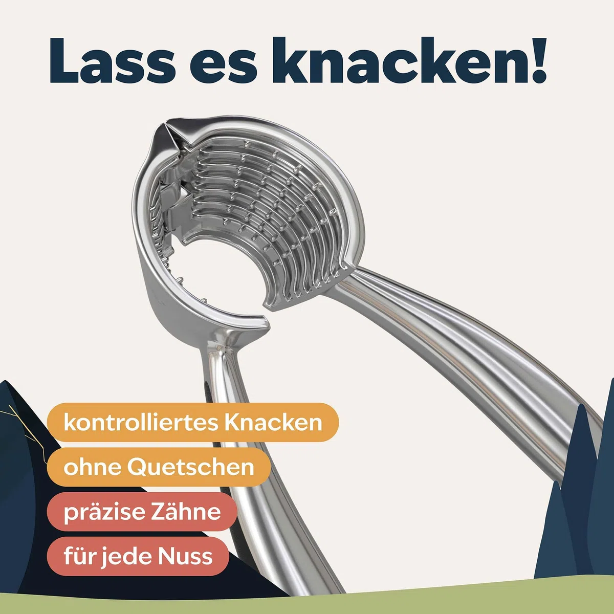 kjøk Cascanueces de metal resistente – abre nueces y avellanas, 350g pesado, Nutcracker aleación de zinc cromado, rompe nueces duras, diseño robusto y duradero