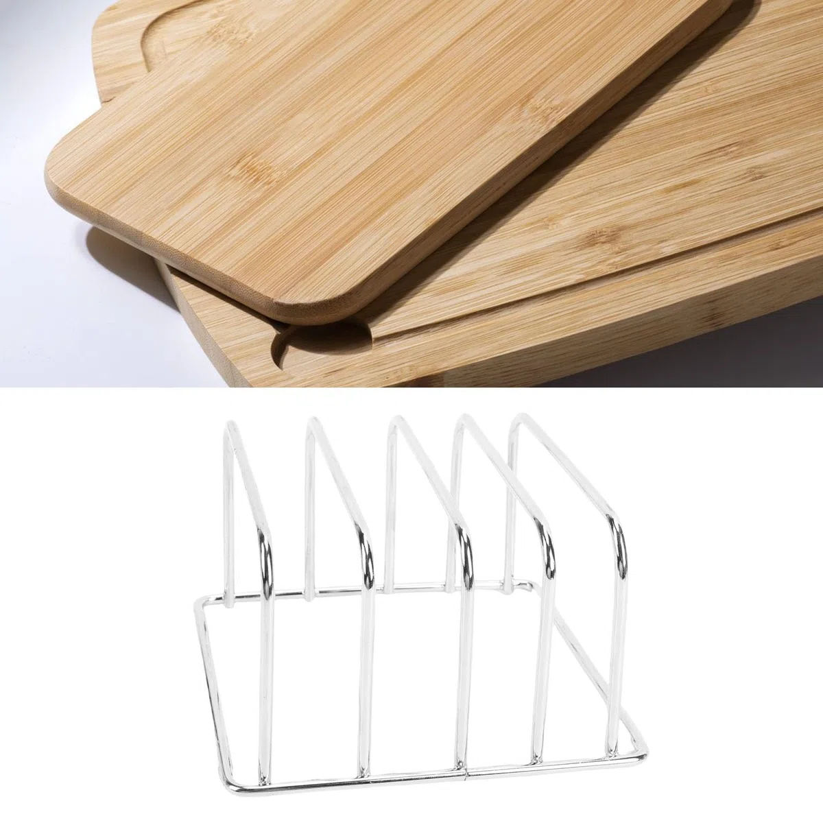 Denash Soporte Organizador para Tabla de Cortar, Soporte para Tabla de Cortar de Acero Inoxidable con 4 Ranuras y Pies Antideslizantes para Almacenamiento en la Encimera de la Cocina