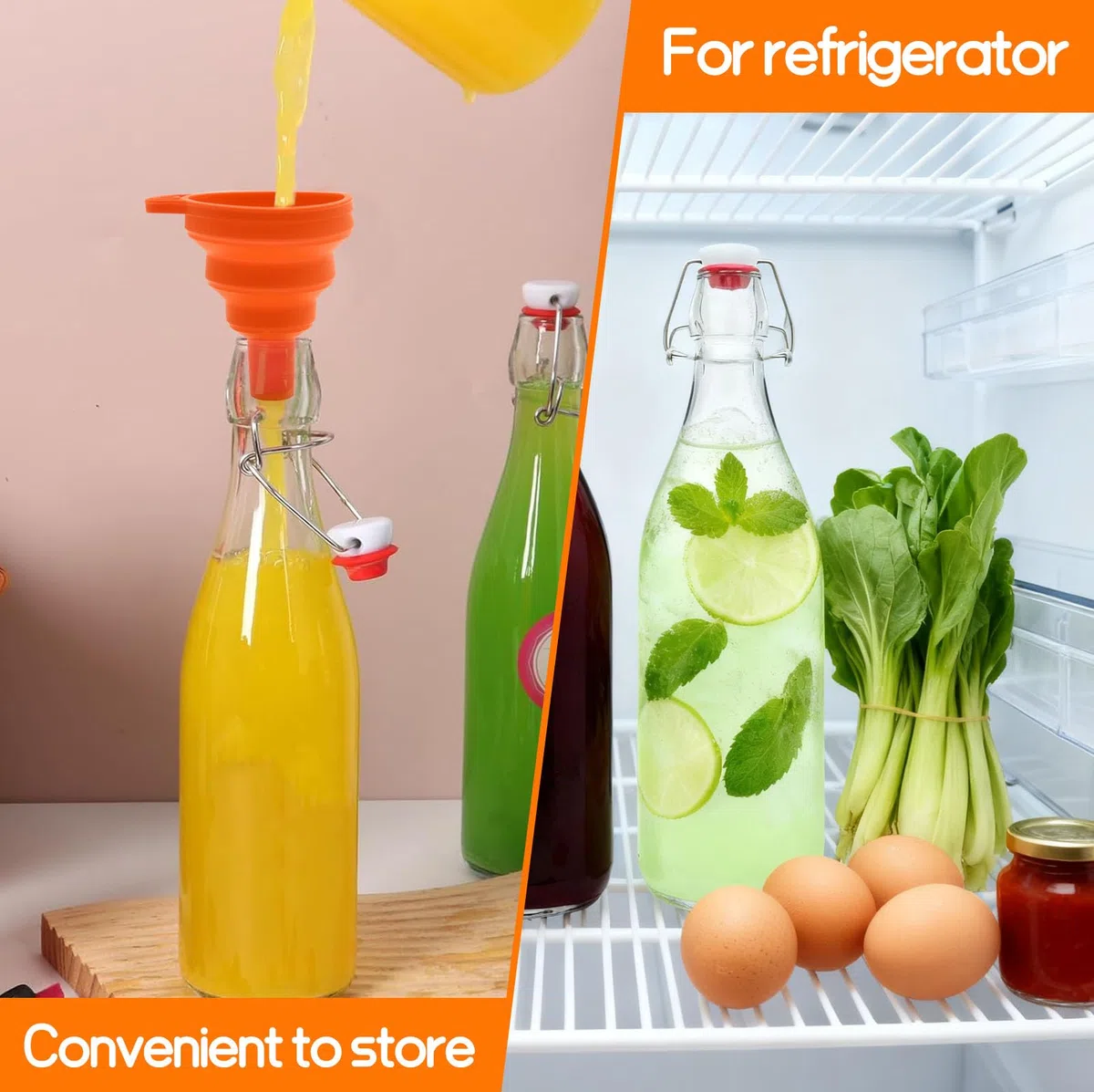 6 Piezas Botella Agua Cristal de 500 ml con Tapón Hermético y Embudo, Botellas de Vidrio Transparente Hermética, Botellitas Bebidas Reutilizables para Jugos, Aceite, Jarabe, Cerveza, Vinagre, Kombucha