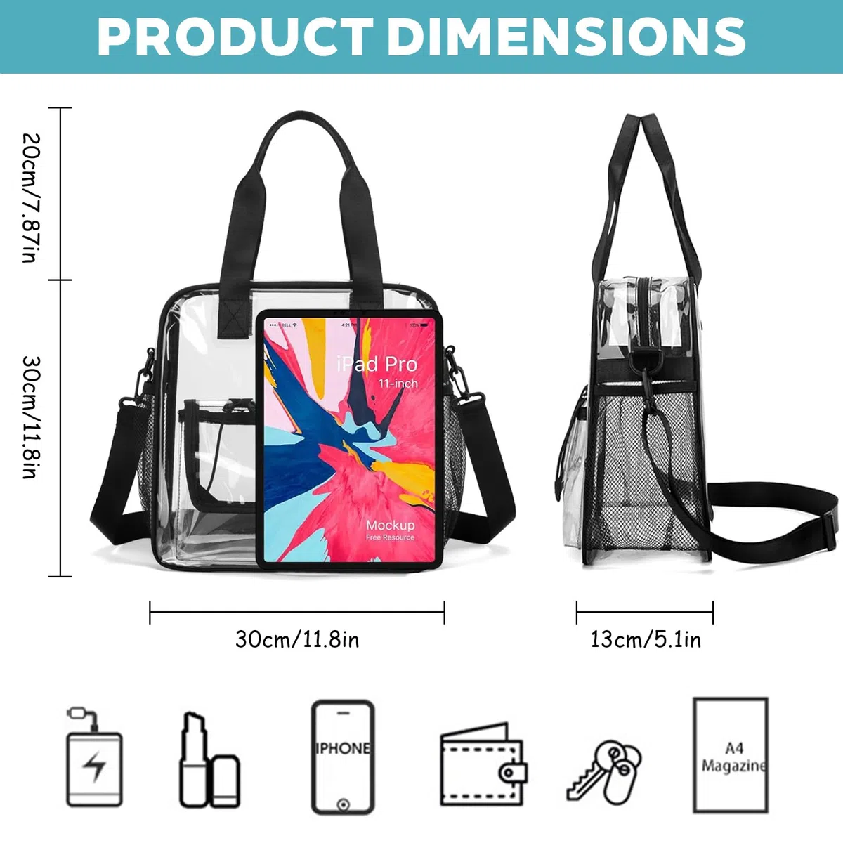 Bolso Transparente Mujer Trabajo PVC Bolso Bandolera Transparente Impermeable Bolso de Mano Transparente para Estadios (30x30x13cm)
