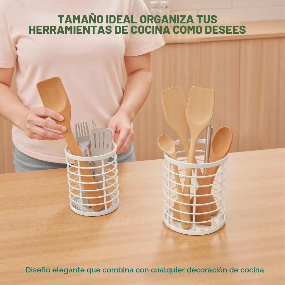 QIWODE Soporte para Utensilios de Cocina, Cesto redondo para cubiertos, organizador de utensilios de cocina para cucharas, espátulas, tenedores, metal, blanco