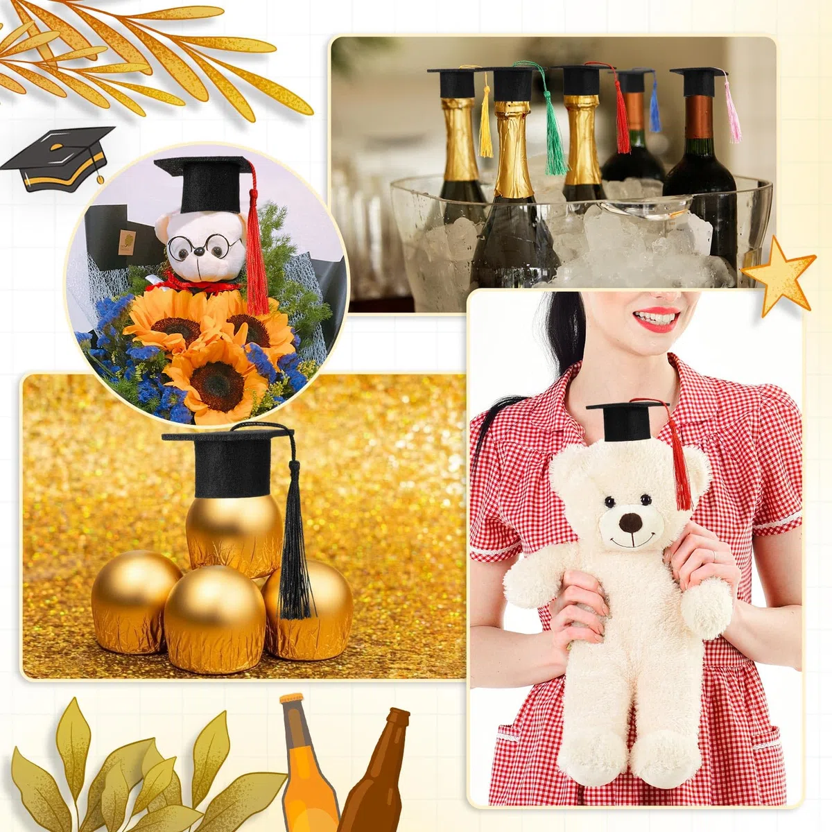 Geiserailie 12 Piezas Mini Gorros de Graduación Decoración de Botella de Vino Sombrero de Doctor Bachiller Pequeño Birrete de Graduación de Tapón de Botella para ABI 2026 Fiesta de Graduación Regalo