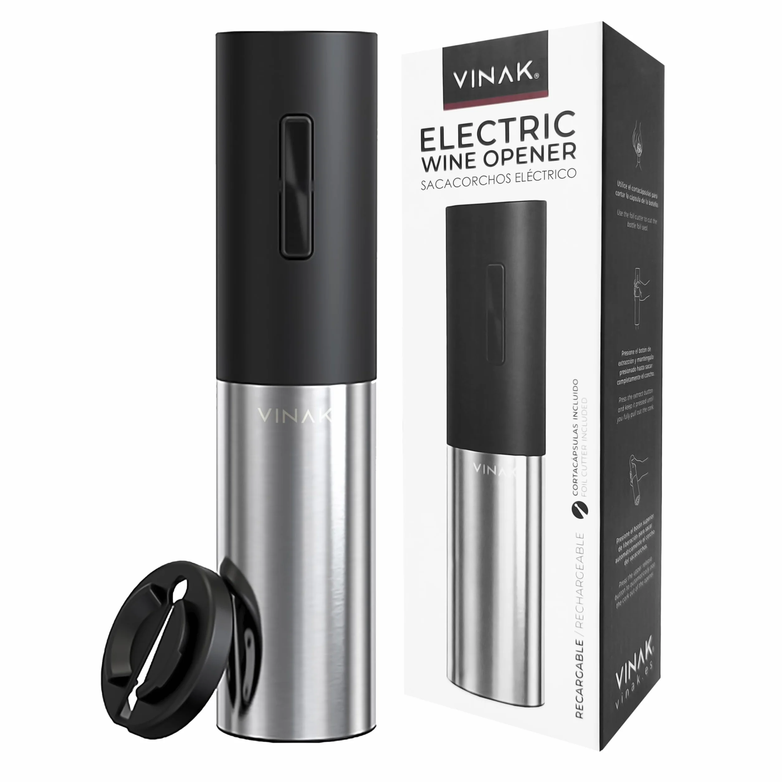 VINAK - Sacacorchos eléctrico recargable en acero inoxidable | Incluye batería recargable integrada + cable USB - C + cortacápsulas y espiral teflonada | Diseño moderno | Abrebotellas sin esfuerzo