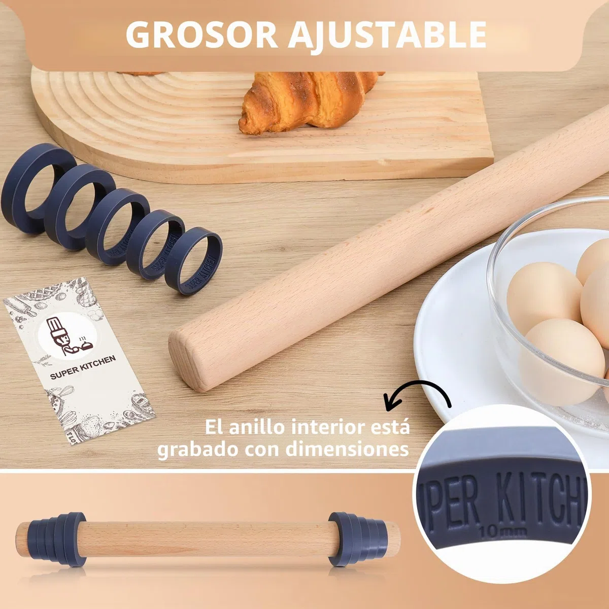 SUPER KITCHEN Rodillos de Amasar en Madera de Haya con 5 Discos Ajustables Anillo, Rodillo de Cocina, Accesorio para Hornear Pizza, Pasta, Galletas, Pastelería, Fondant (45cm)