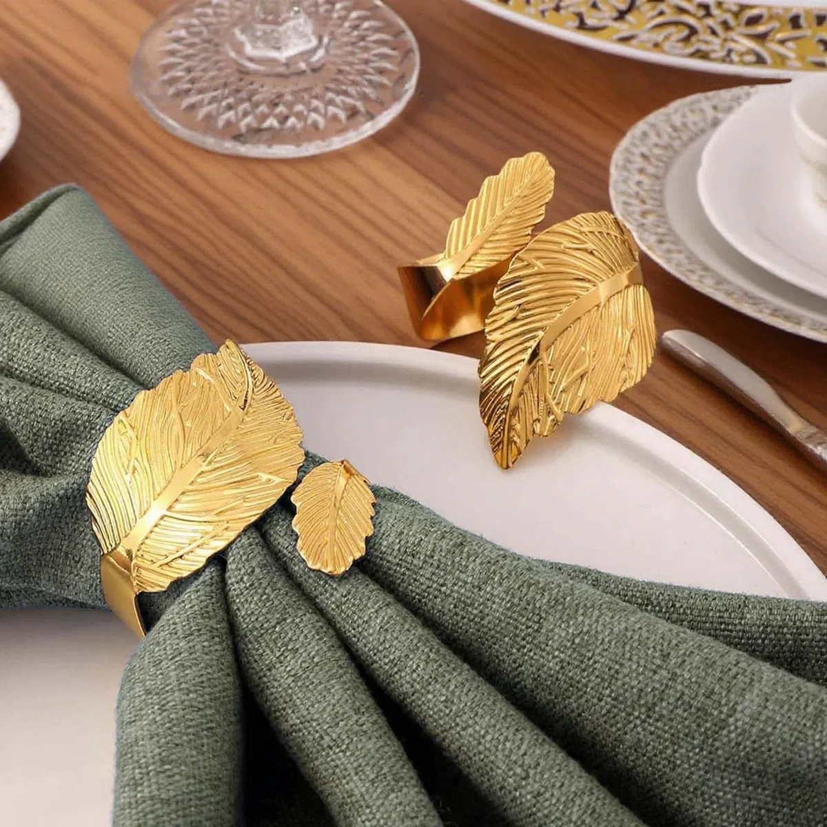Juego de 24 servilleteros en forma de hoja, servilleteros de metal para decoración de mesa, servilleteros de tela para bodas, Navidad, cumpleaños, decoraciones (G, 4,4 cm)