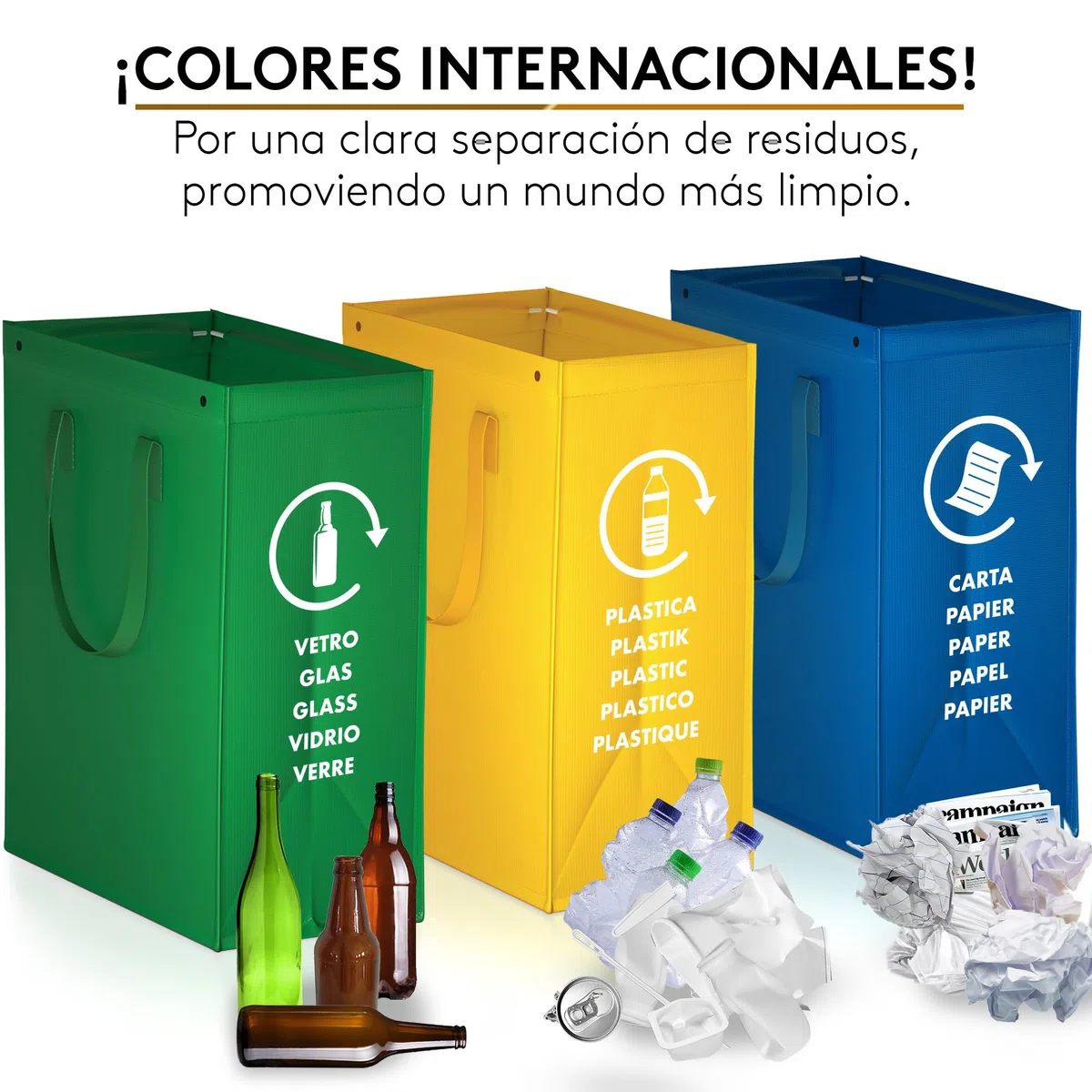 Cubos de basura de reciclaje - 3 Cubo de basura cocina para Papel, Plástico y Vidrio - Set de Cubo basura reciclaje con 3 Compartimentos - Bolsas para reciclar - Cubo reciclaje