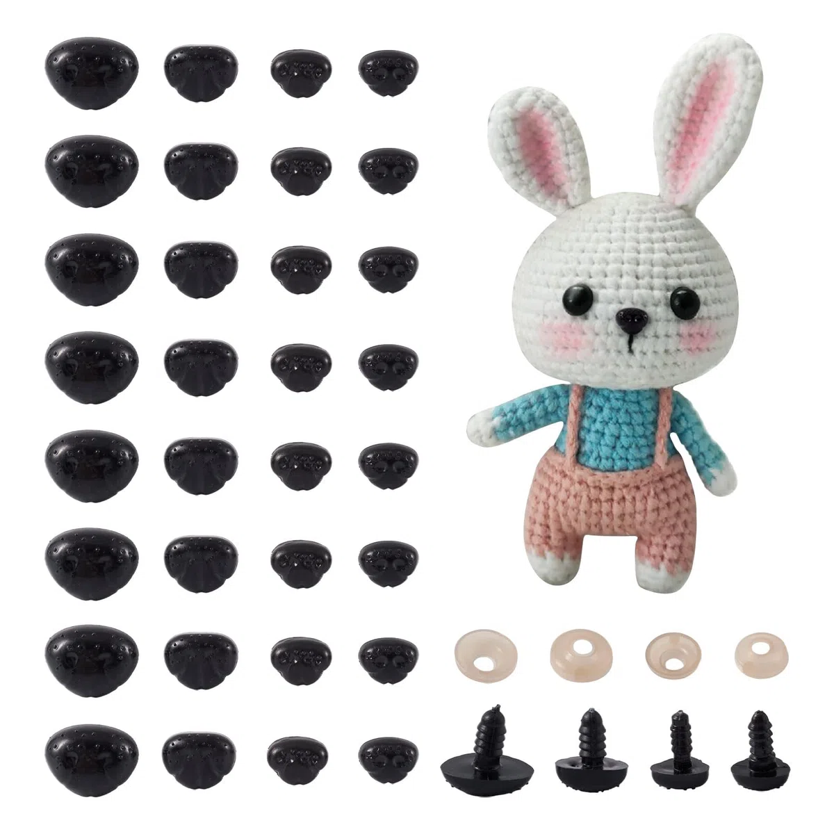 Beadthoven - Juego de 100 narices de seguridad de plástico negro con arandelas, narices de muñeca para amigurumi, marionetas, osos de peluche, fabricación de animales de peluche (4 tamaños)