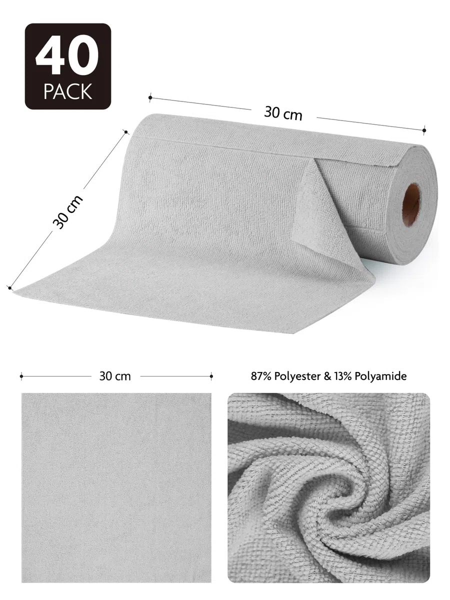 Fantasticlean Paños de Limpieza 40 Unidades, Rollo de Paño de Microfibra Rasgable, Trapos Reutilizables y Sin Pelusas 30 x 30 cm - Gris