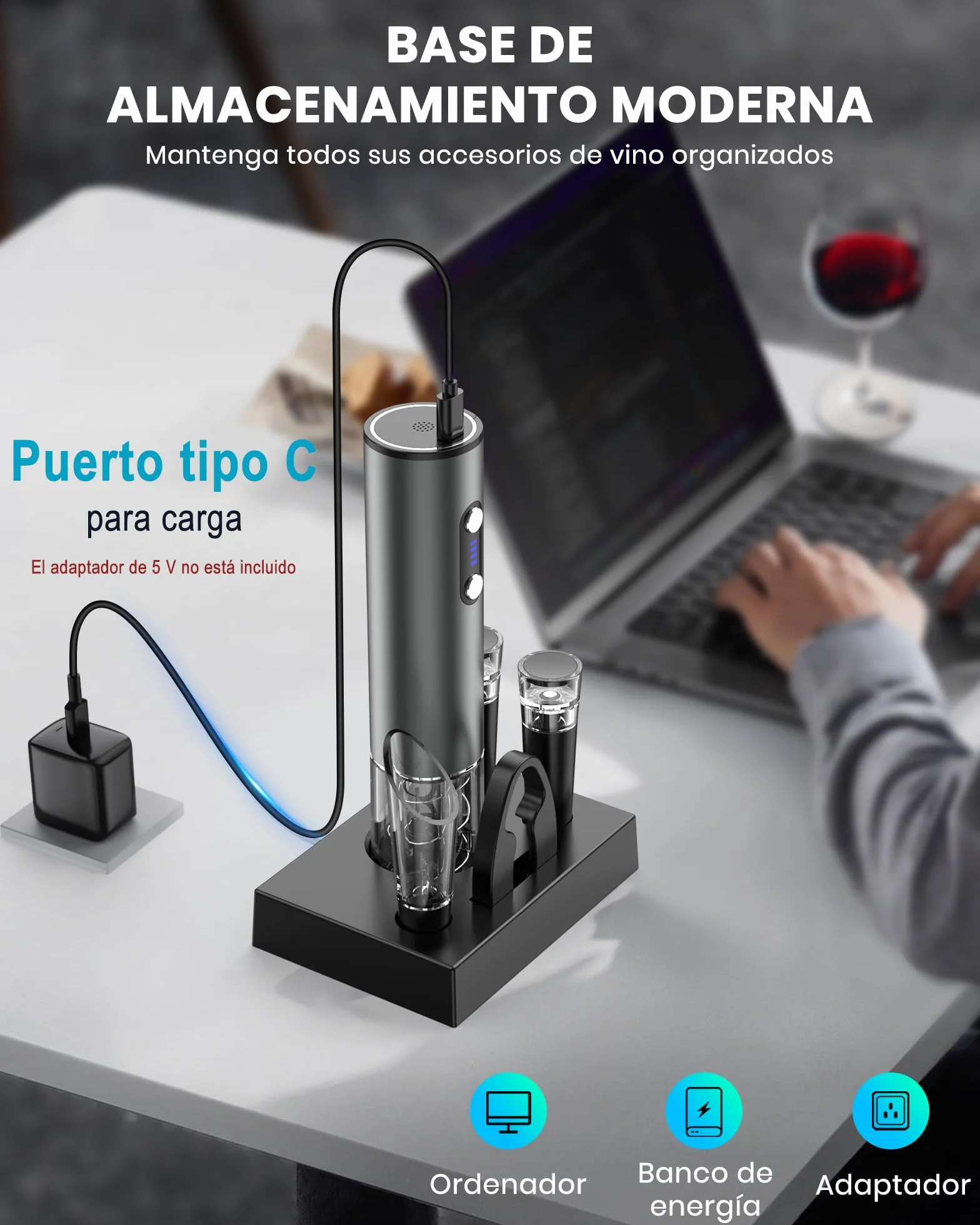 Sacacorchos eléctrico recargable inox, abridor de vino electrico saca rolhas regalos para hombre mujere abrebotellas con vertedor aireador, 2 tapón vino al vacío, cortador láminas y cable USB