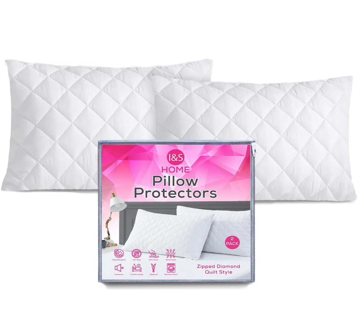 I&S HOME Paquete de 2 protectores de almohada acolchados con cremallera, 50 x 75 cm, fundas de almohada hipoalergénicas, transpirables, suaves, fundas de almohada con cremallera, color blanco