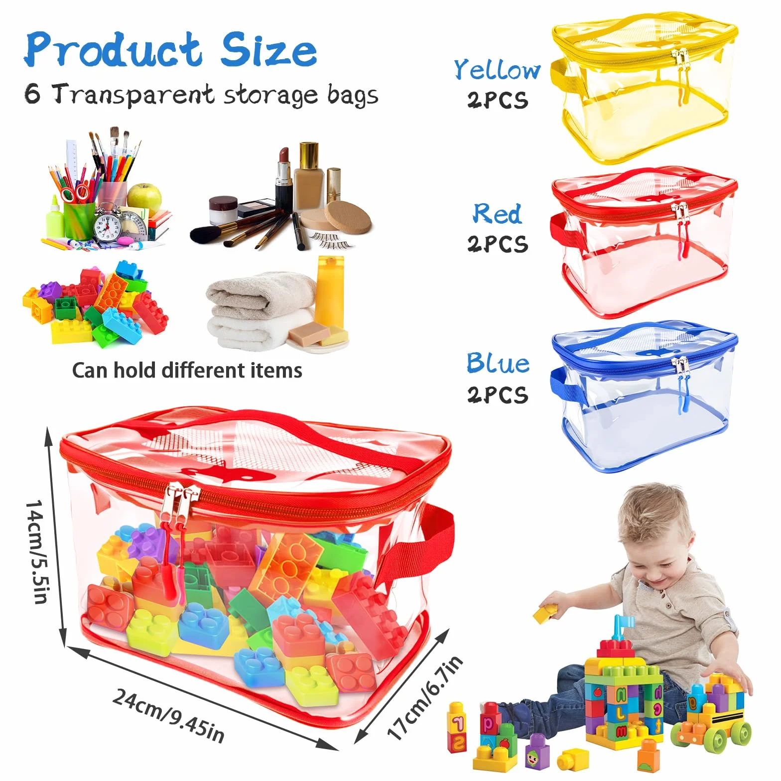 6 bolsas de almacenamiento de juguetes, bolsas de almacenamiento impermeables de PVC transparente con doble cremallera, contenedor con asa, bolsa de aseo de viaje reutilizable, organizador de juguetes