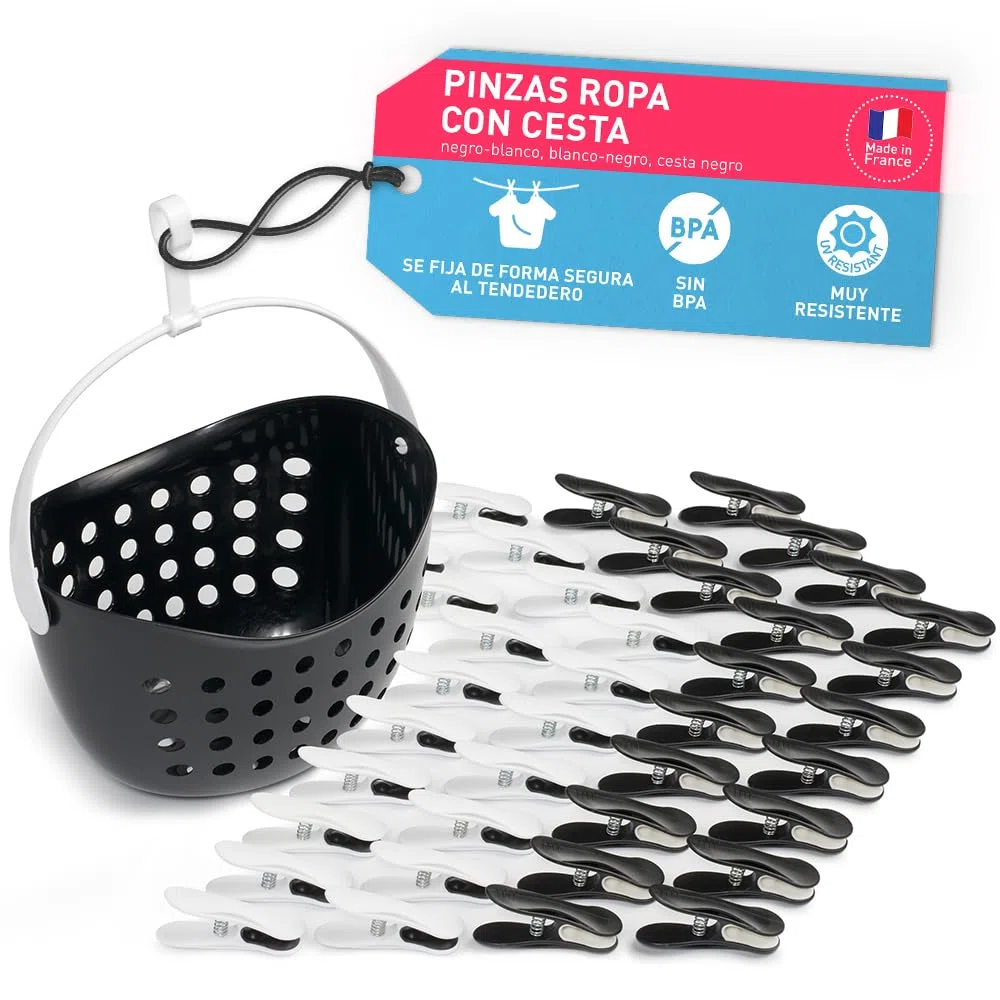culiclean 40 Pinzas con Cesta para Tender Ropa Que No Dejan Marca Cesta Pinzas Ropa Tender – Plástico Resistente y BPA-Free – Fabricado en Francia – Soft Clip, Negro-Blanco, Blanco-Negro, Cesta Negro