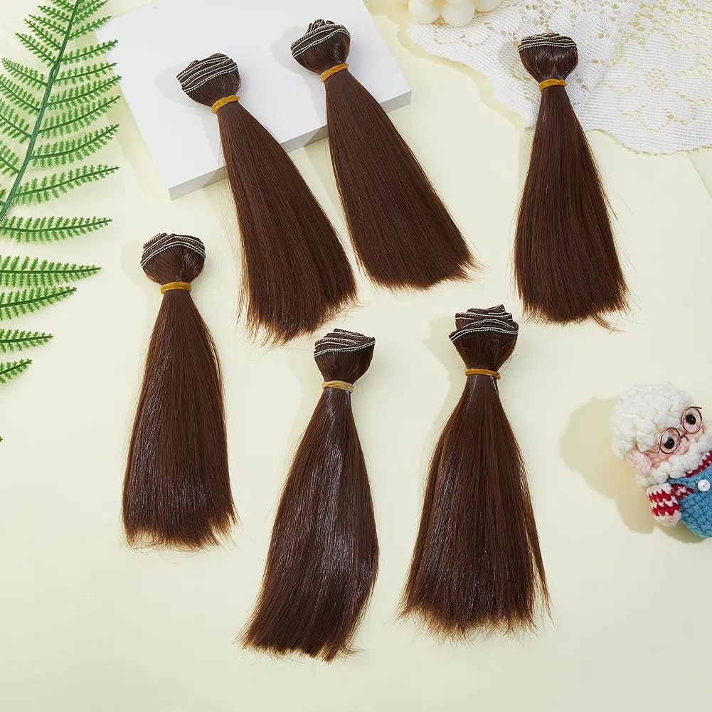 DICOSMETIC 6 pelucas de muñeca de pelo de muñeca de 18 cm, pelo recto corto, pelo de muñeca de plástico, kit de fabricación de muñecas, extensiones de pelo sintético de color marrón de coco