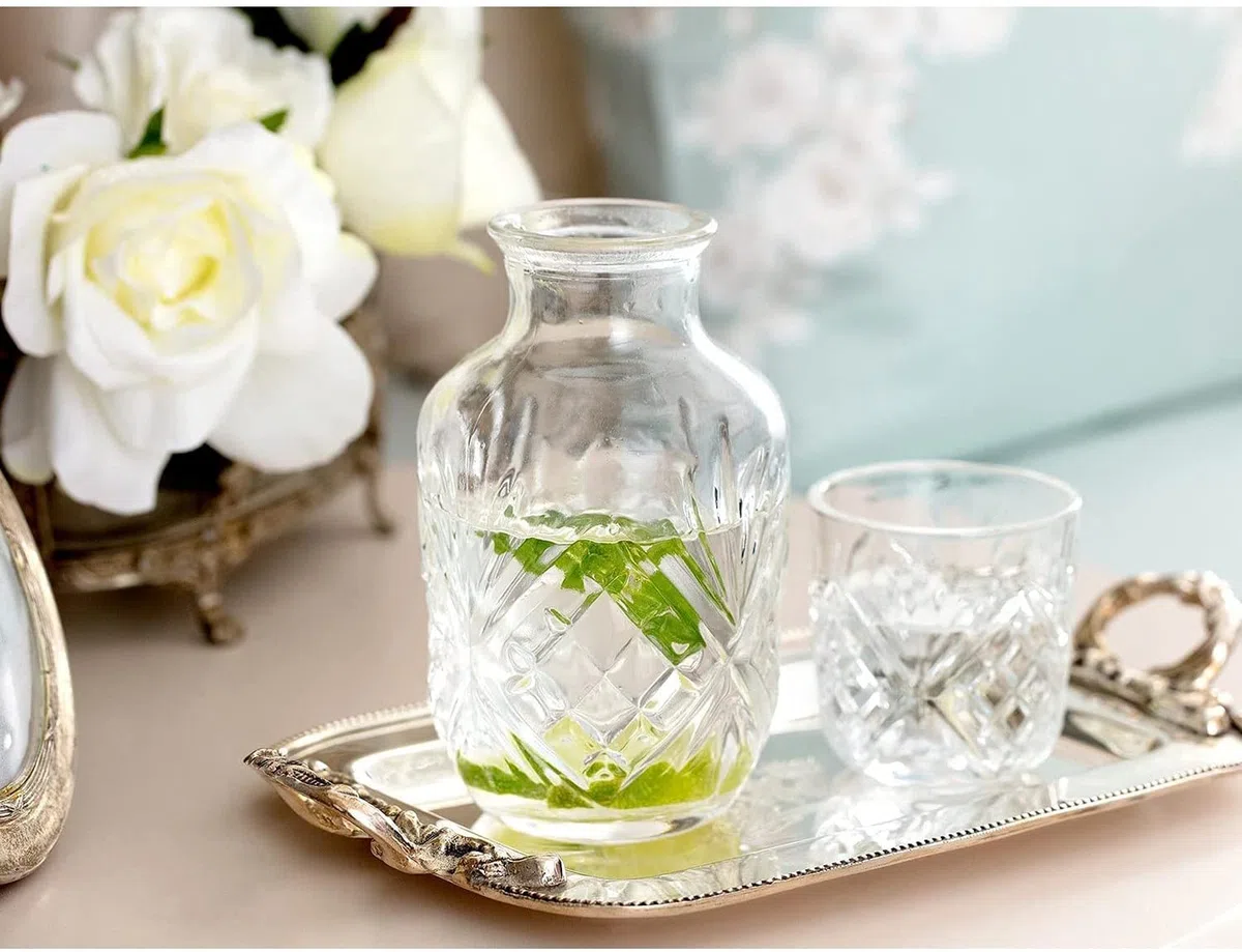 Juego de jarra y vaso de cristal para mesita de noche, jarra de noche de cristal y vaso, juego de jarra de agua de 2 piezas y taza de noche (525 ml)