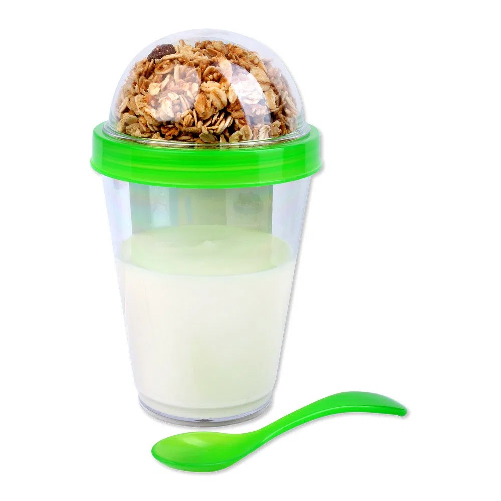 4 vasos de cereales con tapa, varios colores, 4 colores, incluye cuchara y tapa con depósito para cereales
