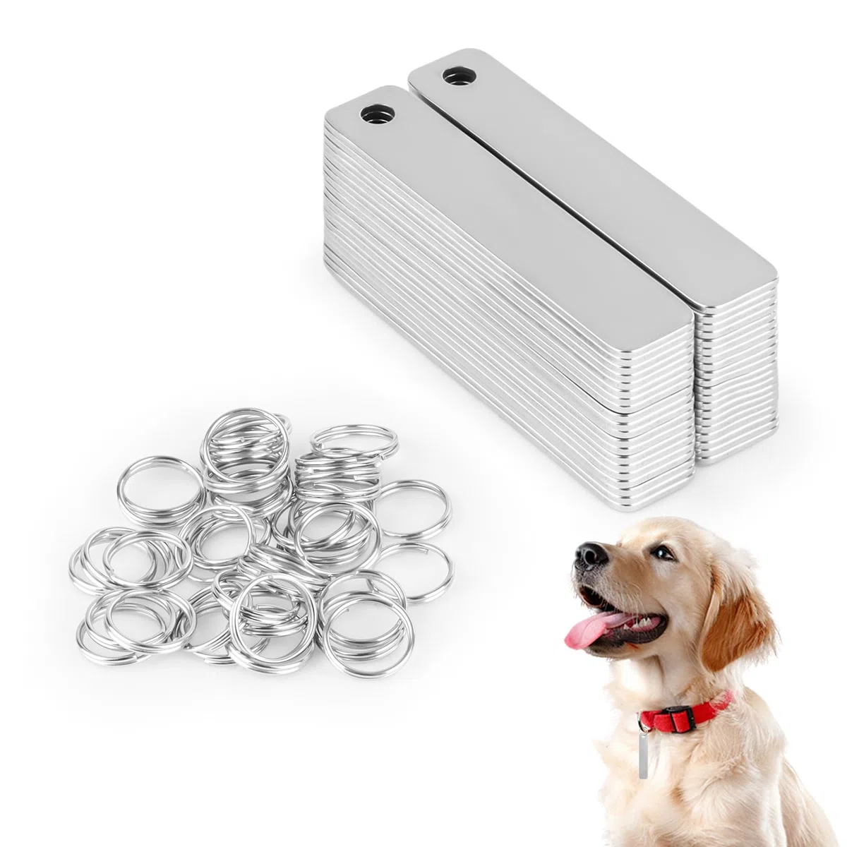 Paquete de 40 piezas en blanco de estampado de metal con llavero, grabado rectangular de acero inoxidable para etiquetas de perro, etiquetas de plantas y llaveros