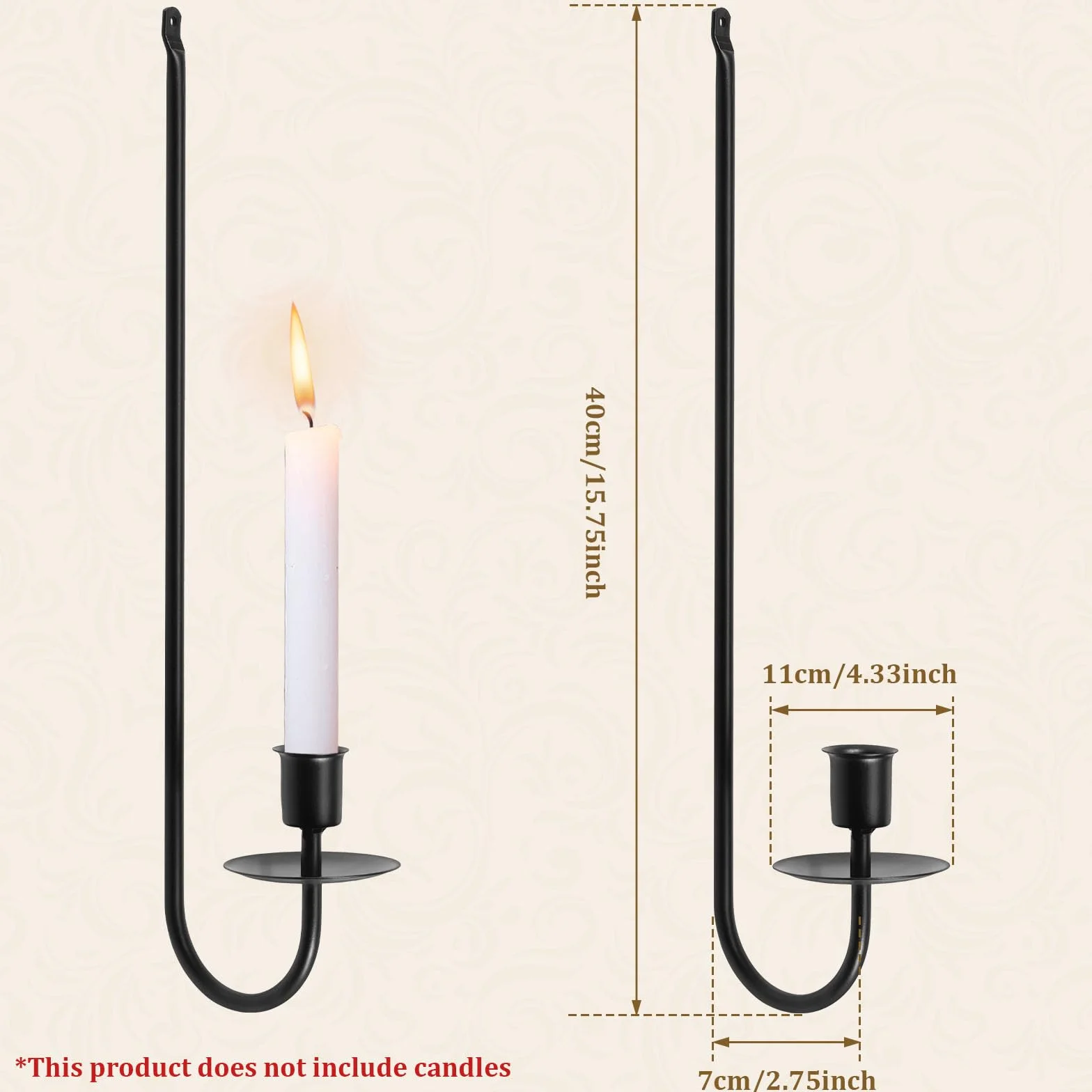 2 piezas candelabro de hierro mental pared vela colgante candelabro de pared en forma de L columna de pared candelabro 40 x 7 x 11 cm negro arte de pared candelabro para dormitorio comedor sala de