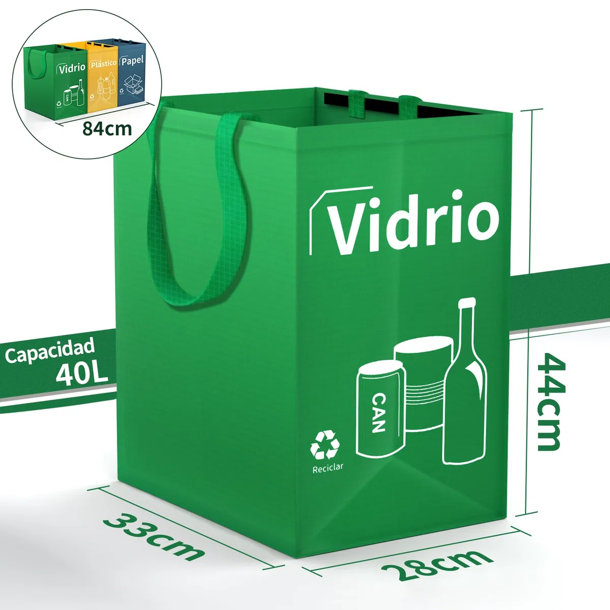 Opret Cubos de Basura Reciclaje 3 Piezas 40L con Asas para Papelera Vidrio Plástico Cocina
