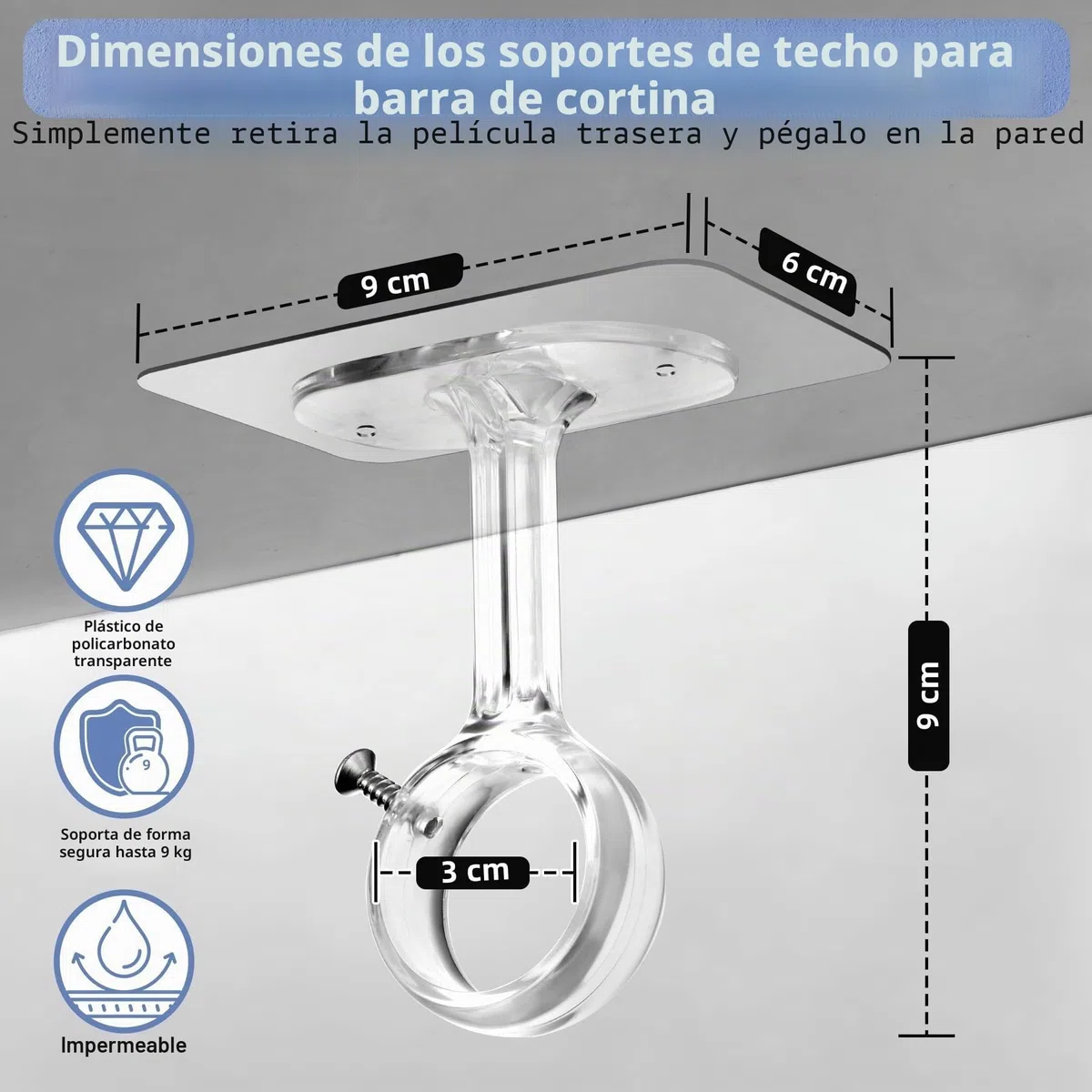 Soportes Ajustables para Barra Cortina de Techo & Pared, 32 mm Diámetro, Montaje Sin Taladro con Tornillos - Ideal para Duchas, Cocina y Armarios (6 Piezas, Transparente)