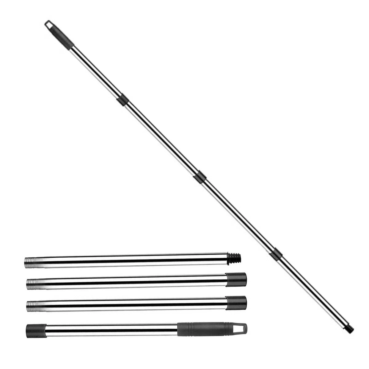 HASLED Pértiga Telescópica de Limpieza 147cm - Acero Inoxidable - 4 Secciones Ajustables - Compatible con Accesorios de Limpieza - Para Cristales, Piscinas y Techos