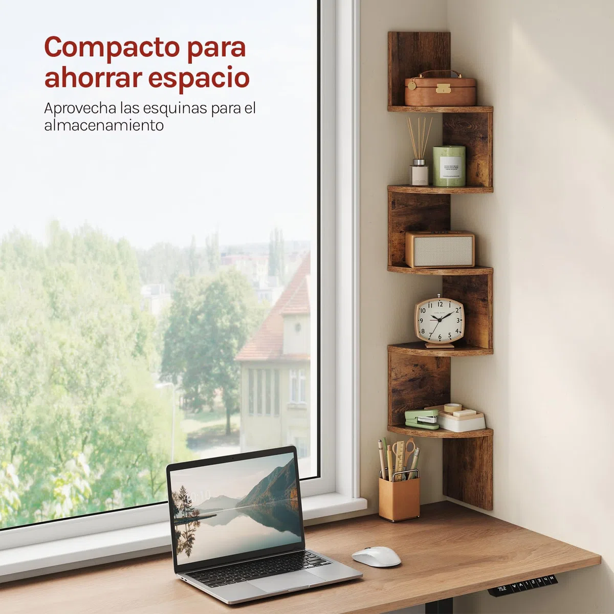 WOLTU Estanteria de Pared Marrón, Estante de Esquina, Estanteria Flotante de Pared de 5 Niveles, Estanteria de Pared Decorativa para Dormitorio, Salón, Cocina, RG9313vbn2