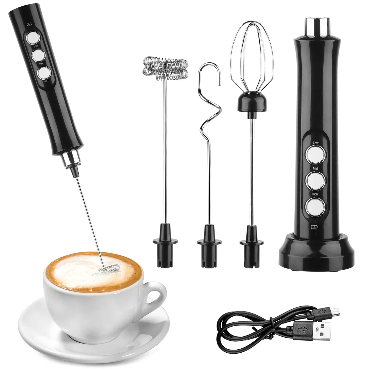 NVIYAM Espumador de Leche, Espumador Leche Electrico - USB Recargable, Mini Batidora Portátil, Espuma Electrico con 3 Batidores de Acero Inoxidable, 3 Velocidades para café, Matcha, capuchino