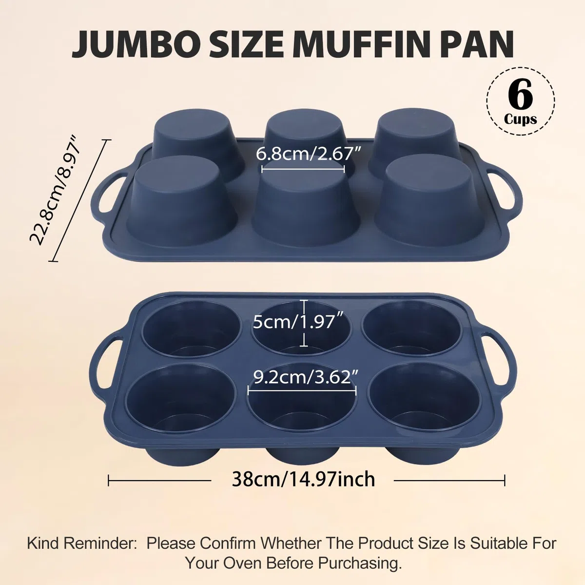 SUPER KITCHEN Grande Moldes Magdalenas Silicona con Asas, 6 Huecos, Esqueleto Metálico Externo, Antideslizante, Hornear Muffins y Cupcakes, Libre de BPA, Gris