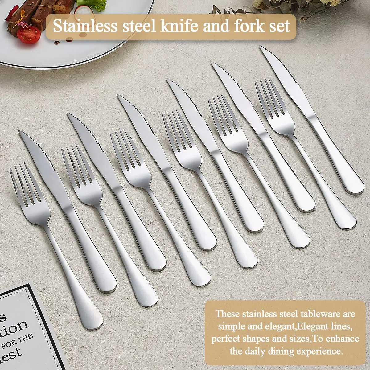 Evanda Juego de Cuchillos para Bistec 24 Piezas, Acero Inoxidable 12 Tenedores y 12 Cuchillos, aptos para Lavavajillas