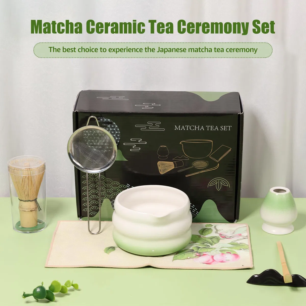 Juego de escobas Matcha con accesorios: cuchara, batidor, portaescobas, colador, whisk, juego de té tradicional para los amantes del té