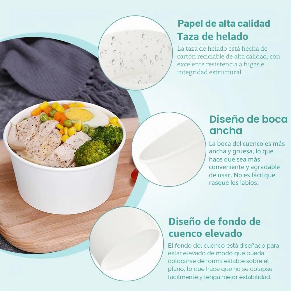 REFORUNG Helados de cartón 50 unidades ecológicos universales de cartón desechables 240 ml desechables vasos de papel con 50 cucharas de madera para helado, yogur congelado, sopa, blanco