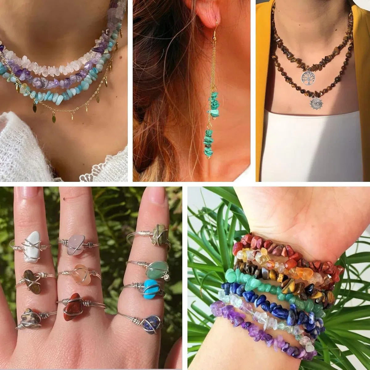 Juego de cuentas de piedras preciosas naturales de 5 a 8 mm, 1180 cuentas irregulares de piedra natural con agujero, juego de manualidades para pulseras, collares, pendientes y anillos para enhebrar