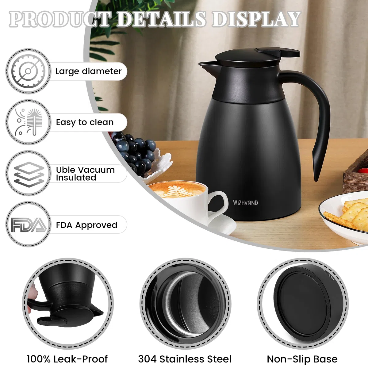 Jarra Térmica 1 Litro para Café, de Acero Inoxidable con Aislamiento al Vacío de Doble Pared, Jarra para Té, Agua y Bebidas Calientes o Frías, Negro