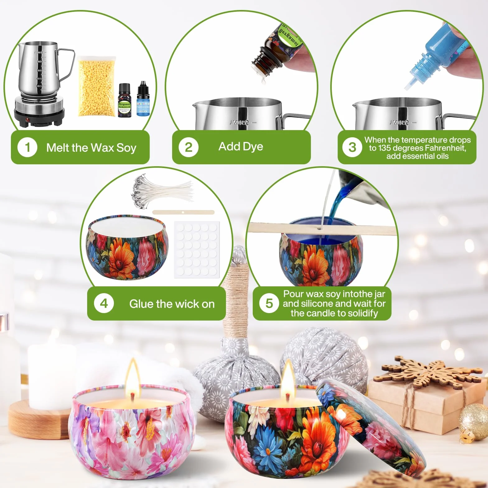 BBLTIFF Kit para Hacer Velas, Kit de Fabricación para Velas, Kit Velas Aromaticas Fabricacion, Incluye 480g Cera de Abejas, 8 Latas de Velas, 4 Colores, 4 Aromas, 30 Mechas ¡y Mucho Más