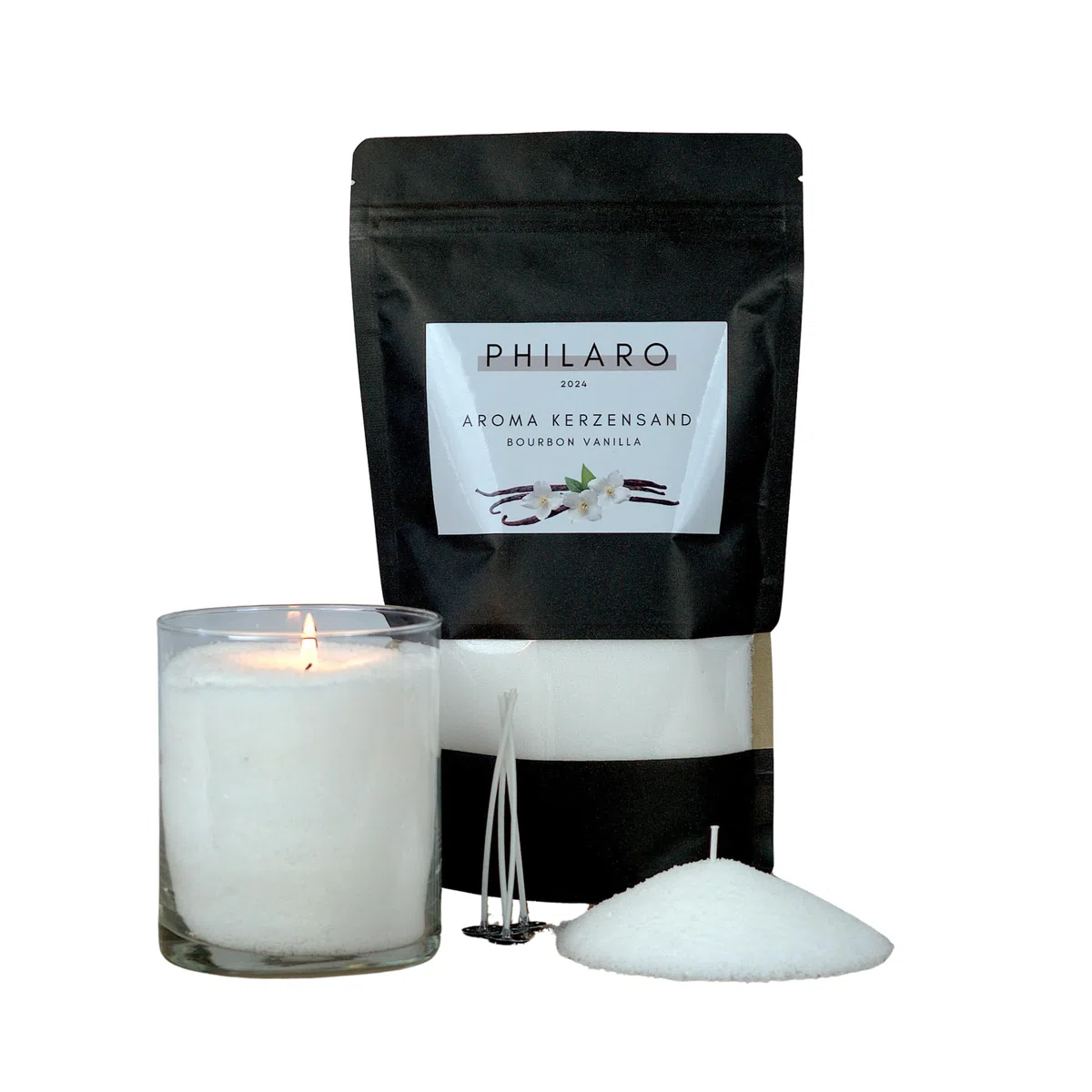 Arena para velas con aroma – vainilla – 400 g incluye 4 mechas en cuatro variantes – granulado para velas – Arena aromática – Velas DIY – Alternativa para velas