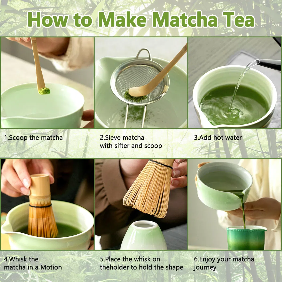 Kit Matcha 8 Piezas | Bol Cerámica Degradado con Pico Vertedor Lavable en Lavavajillas | Chasen 100 Cerdas Bambú | Ceremonia Té Japonés Matcha Latte | Regalo Principiante Verde