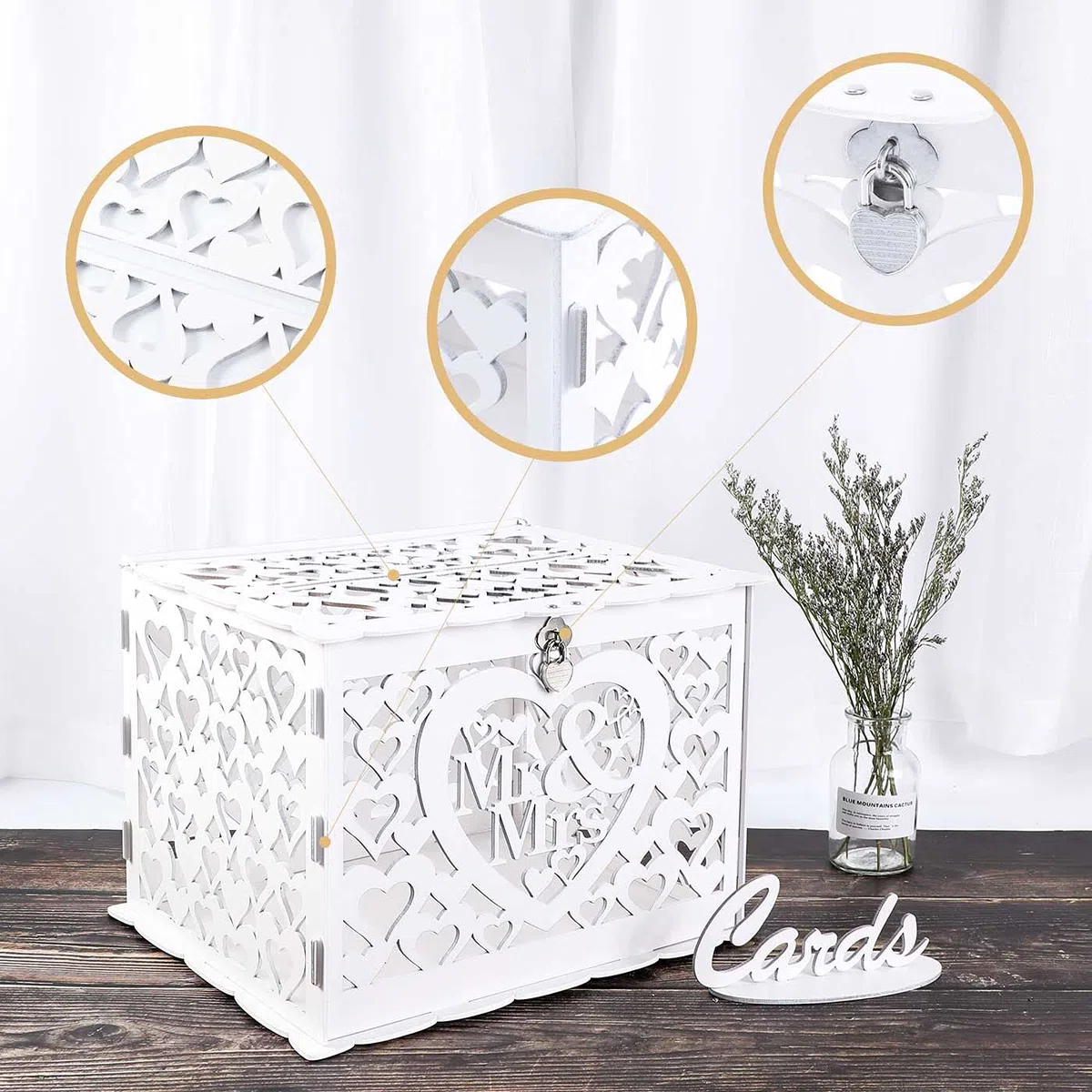 Benjia Caja para Tarjetas de Regalo de Boda, Hueca Caja de Tarjetas de Madera con Cerradura y Ranura para Tarjetas de Dinero Caja de Sobres para Boda Cumpleaños Aniversario Agradecimiento (Blanco)