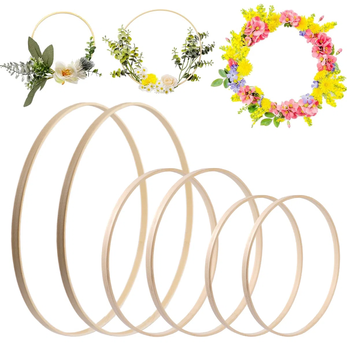 6 Anillos de Corona Florales de Bambú, Aro Maramado Decorativo de Madera 15 cm/20 cm/30 cm, Redondo Maramado Aro de Bambú, Anillo Redondo Madera para Decoración de Bodas, Atrapasueños, Manualidades