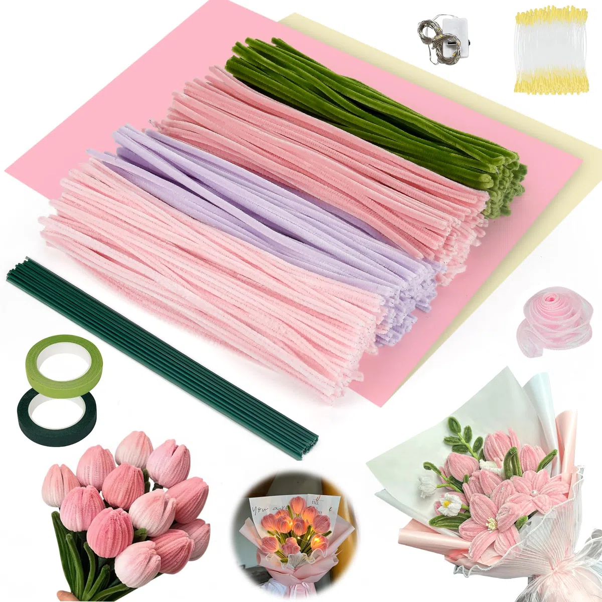 Juego de 400 limpiapipas para manualidades, limpiador de pipas de flores, con tira de luz LED, cinta de lazo, estambre, papel floral, limpiador de pipas de flores, kit de flores para ramo de