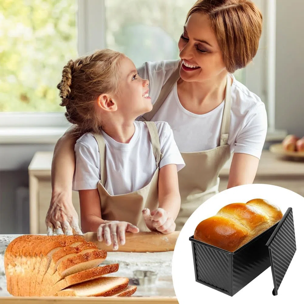 Molde para Pan Tostado con Tapa, Molde para Pan con Tapa de 450 g, Molde para Hornear Pan Antiadherente, para Tostadas, Bollería, Pan y Pasteles (21 x 11 x 11, 5 cm), Negro