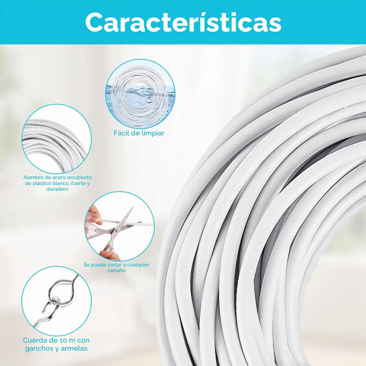 15M Alambre de Cortina, Blanco Gusanillo, Cuerdas con 30 Pares Ganchos Atornillables y Ojales, Cortinas Ducha, Tendederos