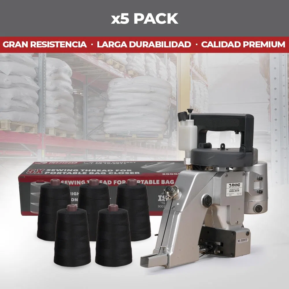 RHINO Pack de 5 Bobinas de Hilo para Máquinas de Coser Sacos | Conos de Poliéster 12/4 200g para Cerradoras de Costales de Alta Resistencia | Aptos para el Contacto Alimentario (Negro)