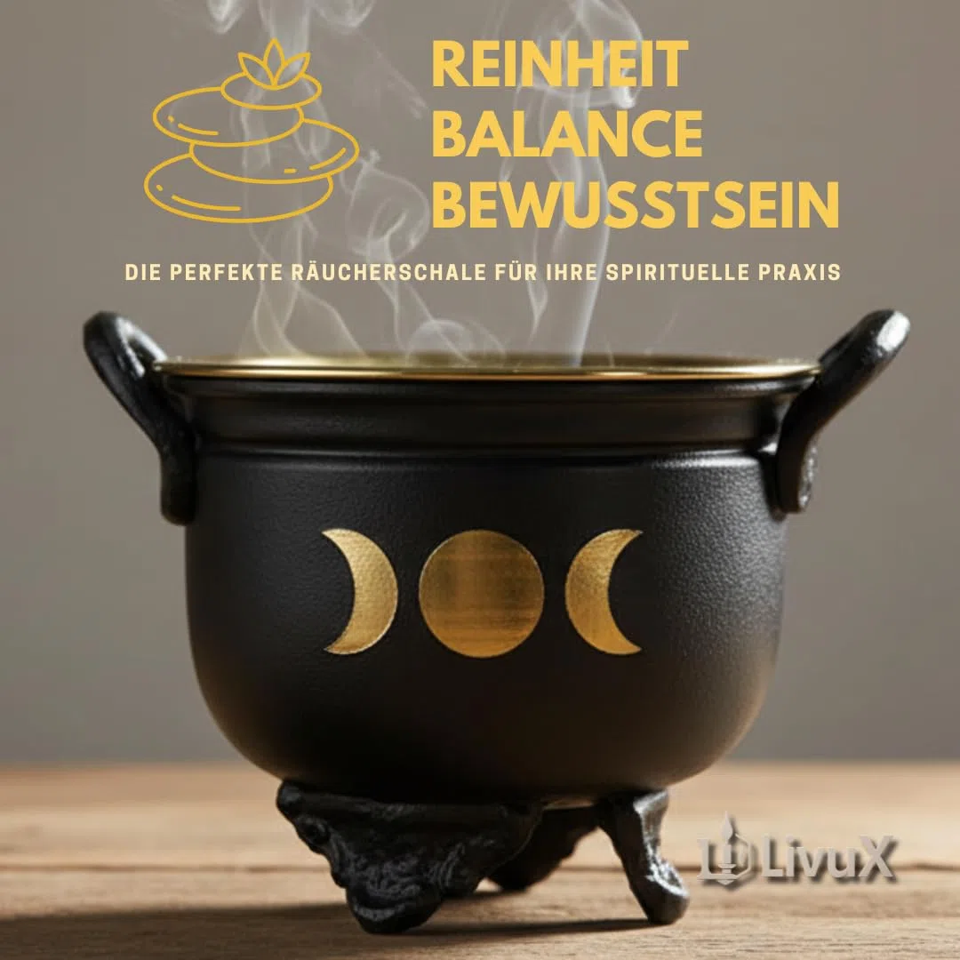LivuX Hervidor de incienso de fases lunares con colador, quemador de incienso de hierro, diámetro de 9,5 cm, caldero ritual estable, ideal para ahumado, resina y hierbas, accesorio mágico para