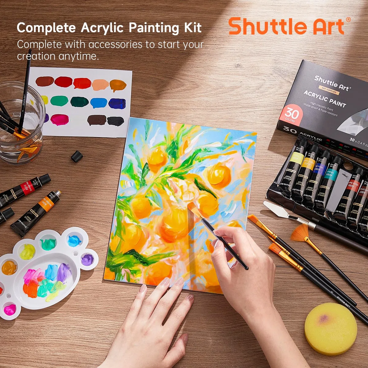 Shuttle Art 46PCS Kit Pintura Acrílica, 30 Colores Tubo (12ml) de Acrilicos para Pintar Incluye 10 Pinceles y 3 Lienzos, Pigmentos No Tóxicos, Pintura Acrilica Manualidades Ideal en Lienzo,Tela,Vidrio