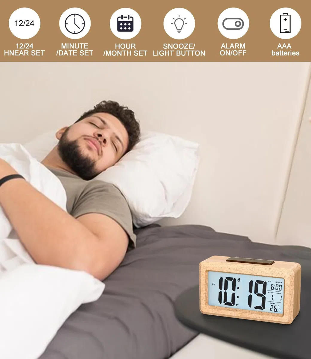 Despertador Digital, Despertador de Madera con Gran Pantalla, Reloj de sobremesa con módulos sensores, Reloj Digital con módulos Snooze, 12/24 Horas, Fecha, visualización de Temperatura,