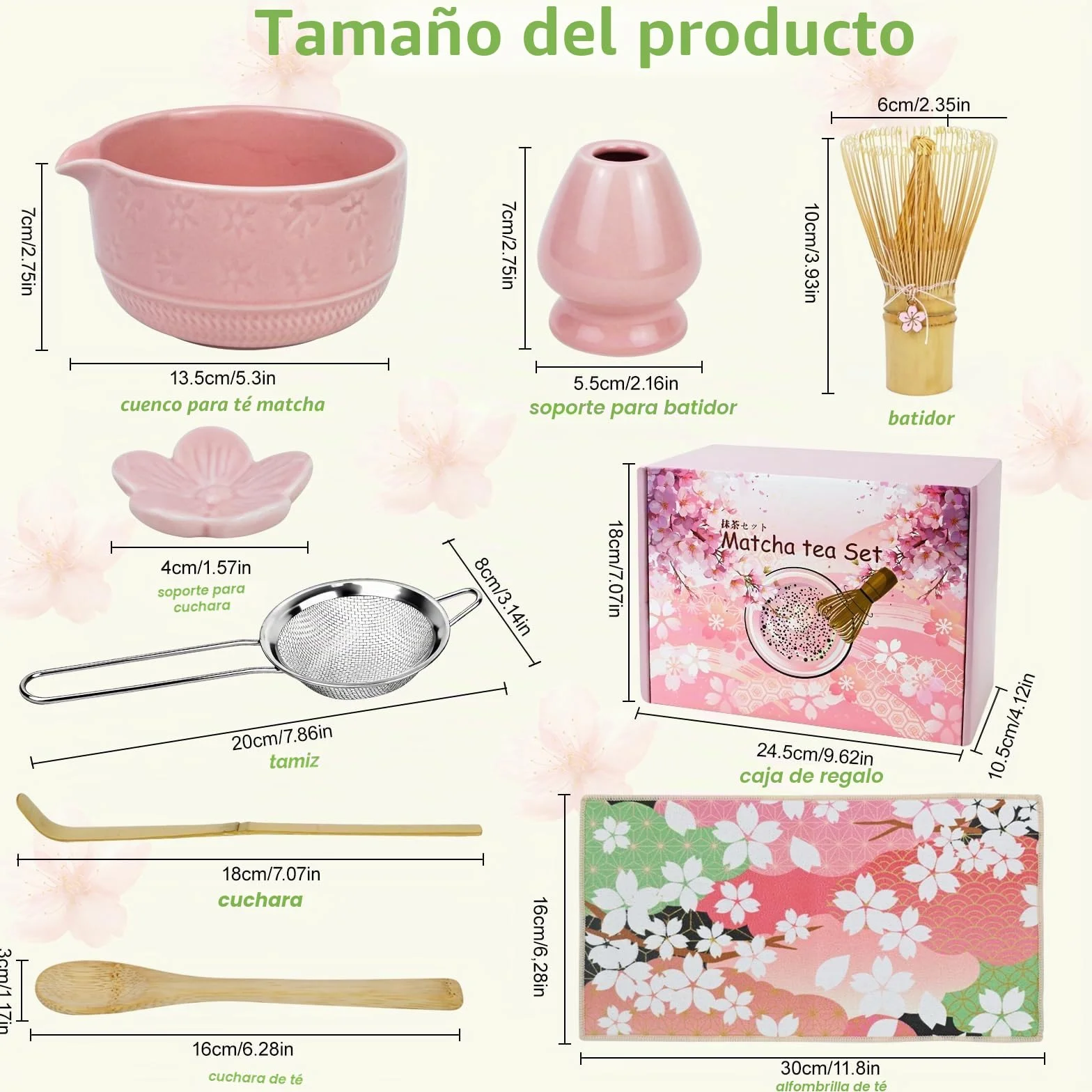 Matcha Kit - 8 piezas Te Matcha Kit Batidora de Matcha de Bambú, Cuenco de Matcha, Cuchara, Colador, Portacucharas, Soporte para la Batidora, para el Hogar, la Oficina y los Salones（Rosa）
