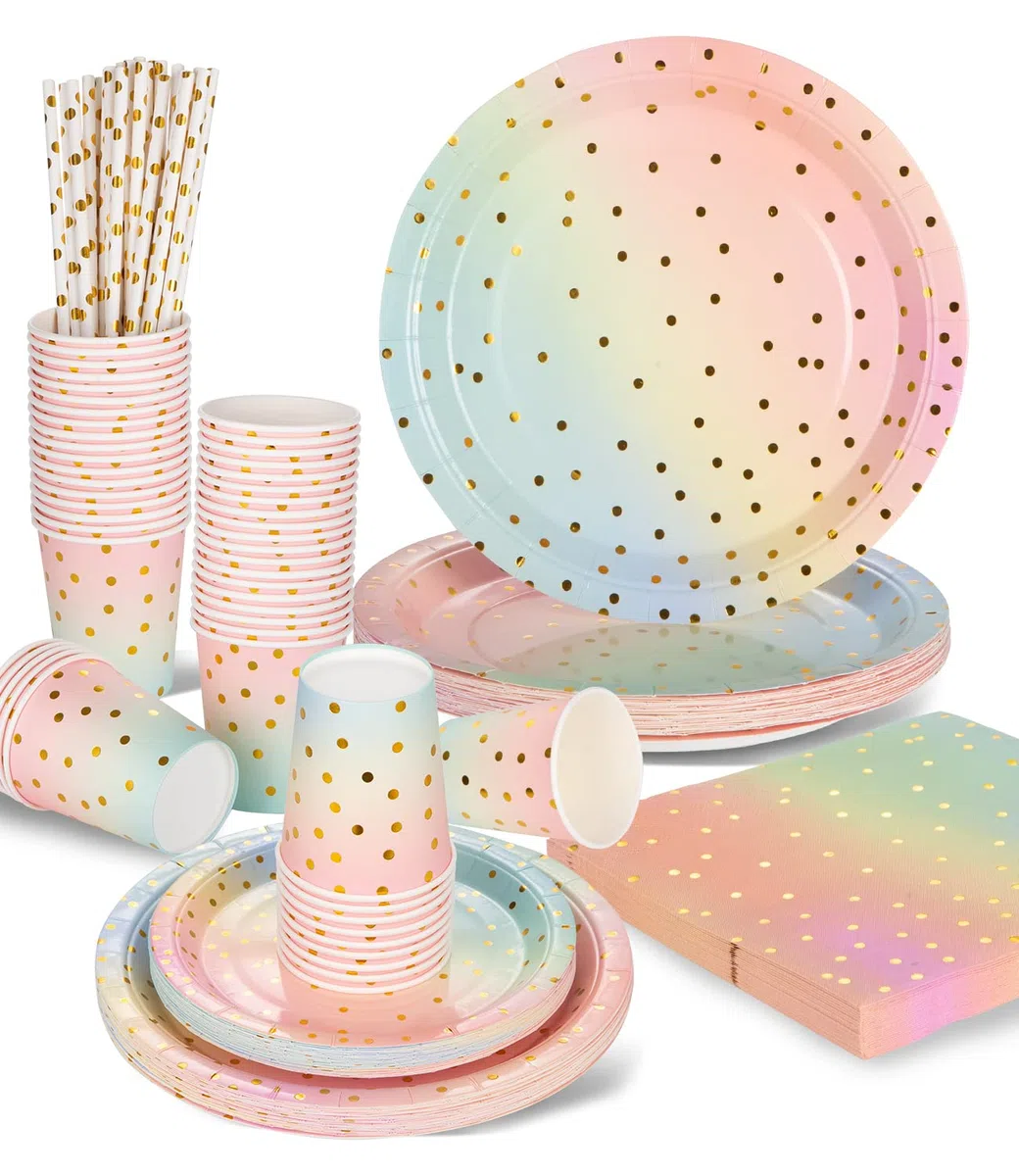 Vajilla de fiesta,125 piezas Platos Fiesta Oro Arcoíris set de juego de platos y cubiertos,cubertería de cartón,vasos,platos y servilletas,para Despedida de Soltera,Compromiso,Boda,Aniversario,Navidad