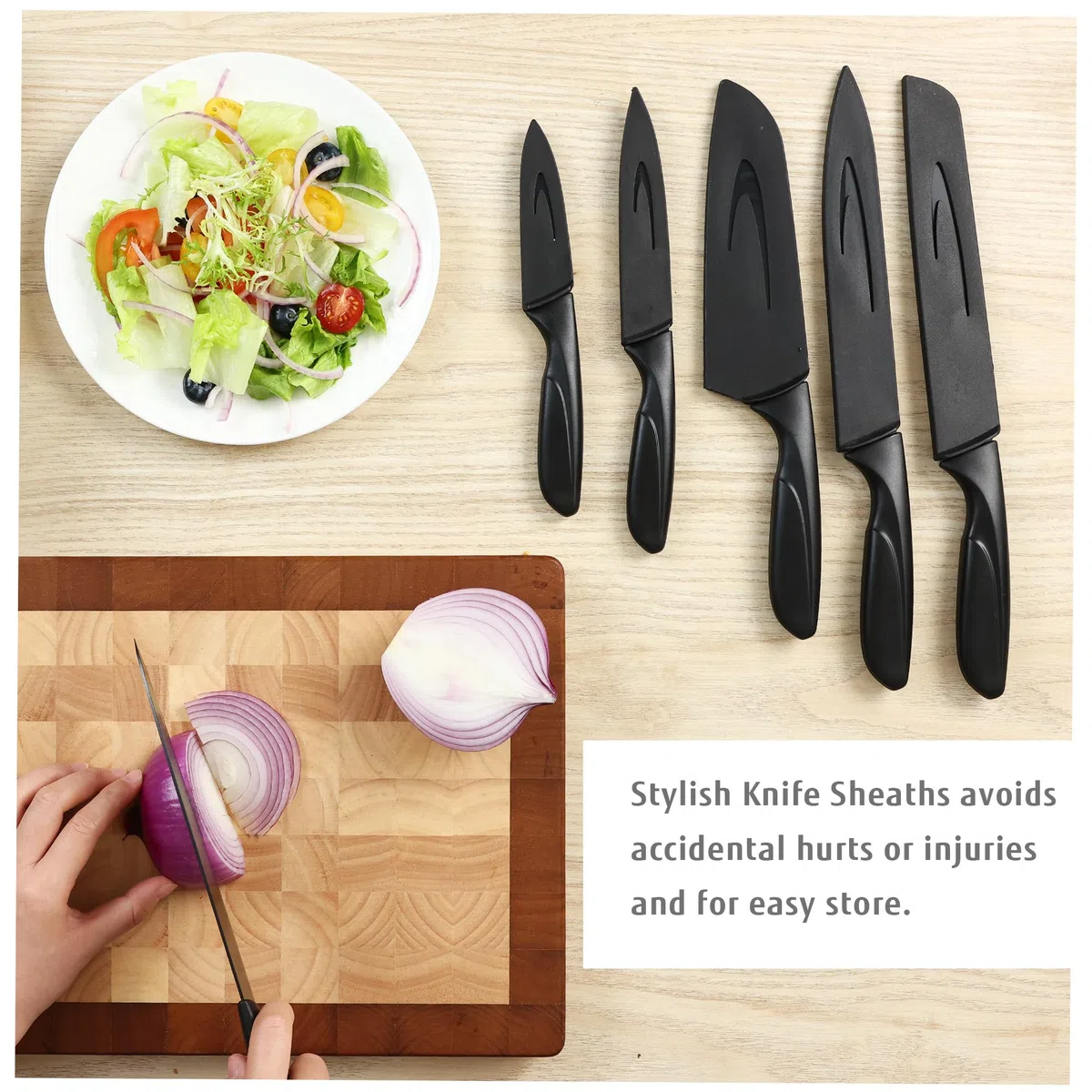 hecef Juego de Cuchillos de Cocina, 6 Piezas Cuchillos en Acero Inoxidable con Revestimiento Antiadherente, Mango Ergonómico y Funda Protectora, Aptos para Lavavajillas, Diseño Moderno para Uso Diario