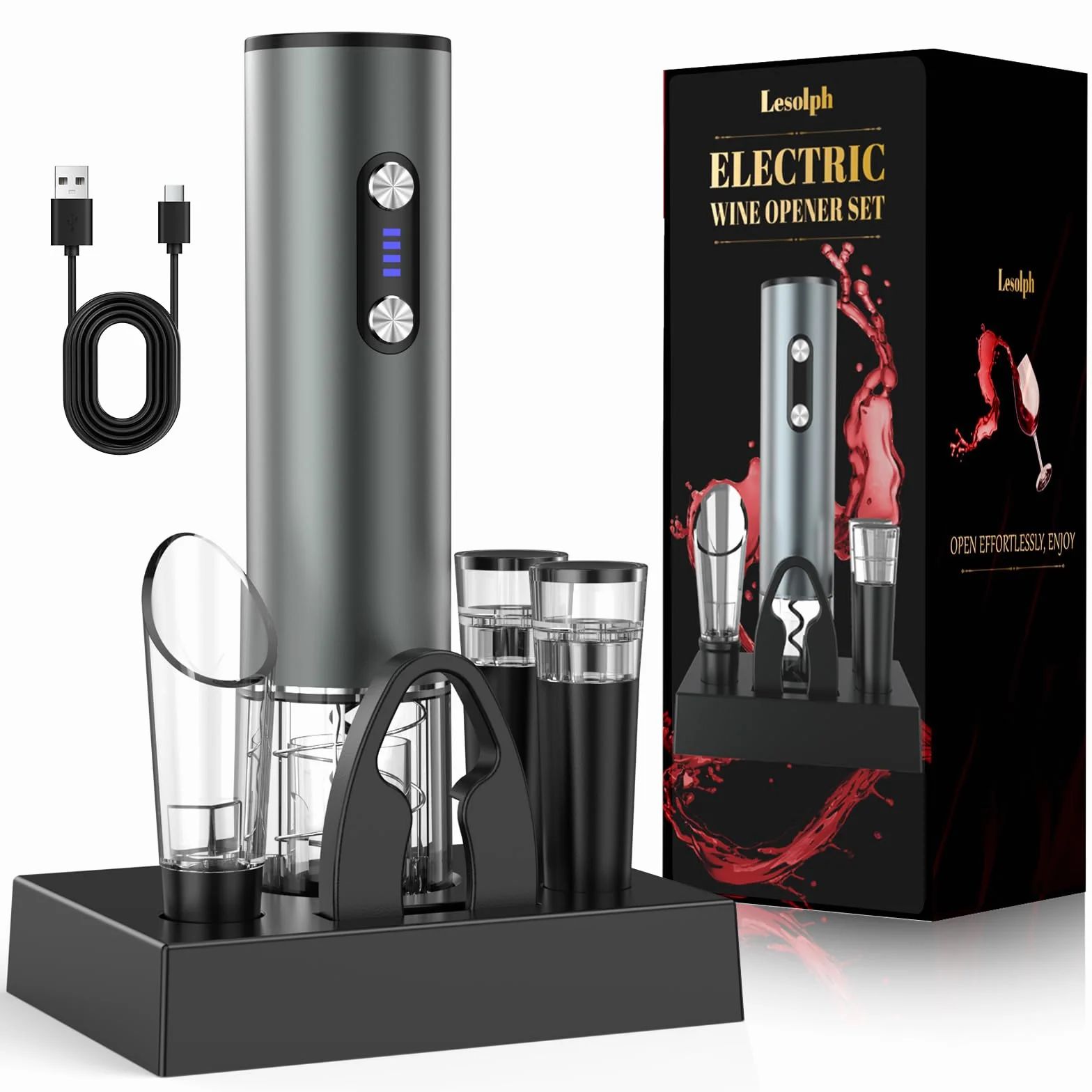 Sacacorchos eléctrico recargable inox, abridor de vino electrico saca rolhas regalos para hombre mujere abrebotellas con vertedor aireador, 2 tapón vino al vacío, cortador láminas y cable USB